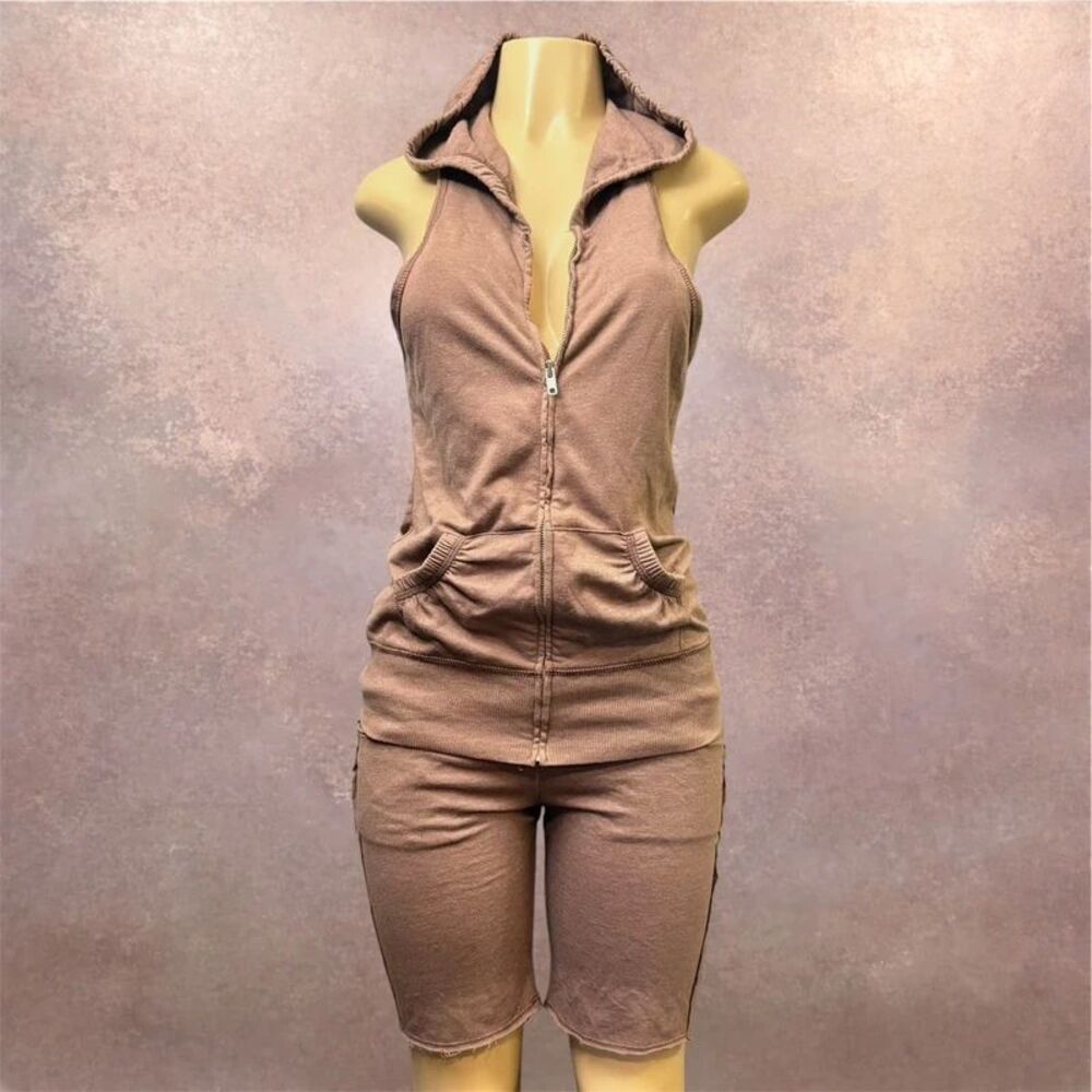 Latte Terry Zip Hoodie & Shorts Set | Sleeveless Athleisure Lounge | Y2K Sample